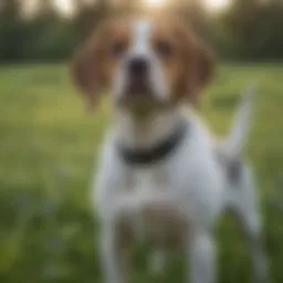 A majestic blue tick Beagle standing in a lush green field