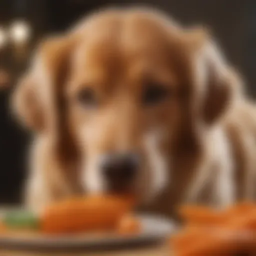 A golden retriever happily munching on a carrot