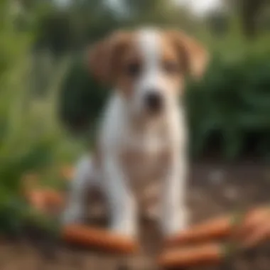 Puppy Discovering Carrots in the Garden A puppy curiously examining a carrot in a garden
