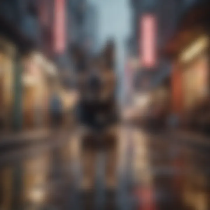 A bustling urban neighborhood with dogs being walked