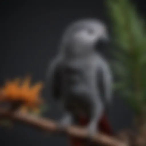 A vibrant African Grey parrot perched on a branch, showcasing its intricate feathers.