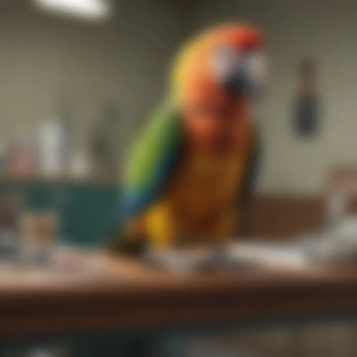 A parrot on a vet's examination table with medical tools