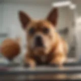 Veterinarian examining a dog with a fatty tumor