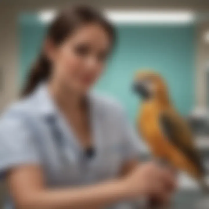 A pet owner with their feathered companion at the clinic