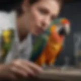 A veterinarian examining a parrot