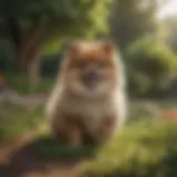 Pomeranian puppy playing in a lush garden