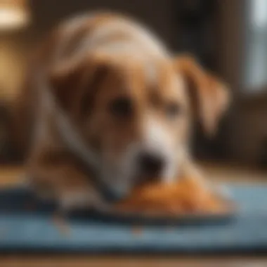 A happy dog eating from a mat, looking focused and engaged