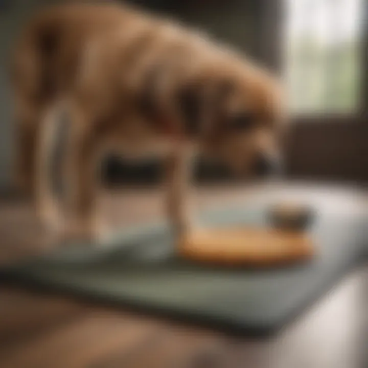 A dog owner selecting an eating mat for their canine companion