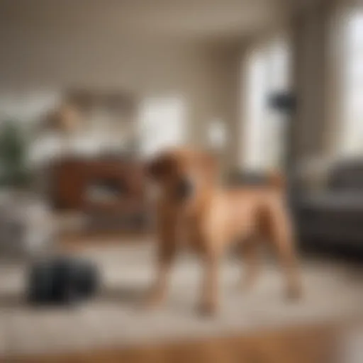 A high-tech dog spy camera set up in a living room, capturing a curious dog exploring