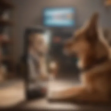 A dog owner watching live footage on a smartphone while away from home