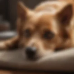 A dog with a concerned expression, lying down.