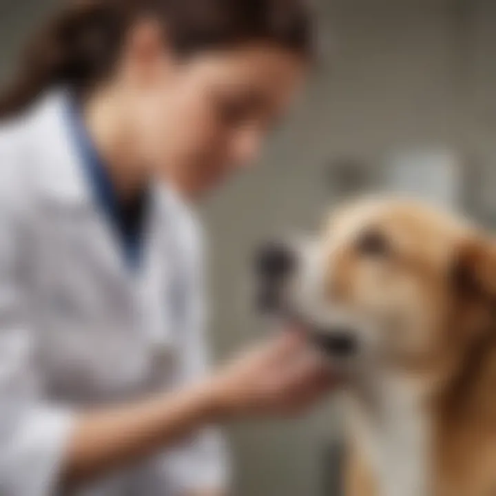 Veterinary professional examining a dog.