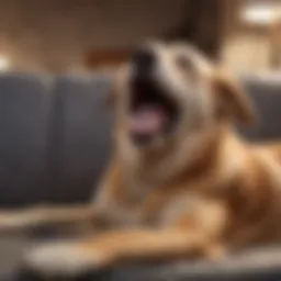 A dog yawning while lying on a couch, illustrating relaxation