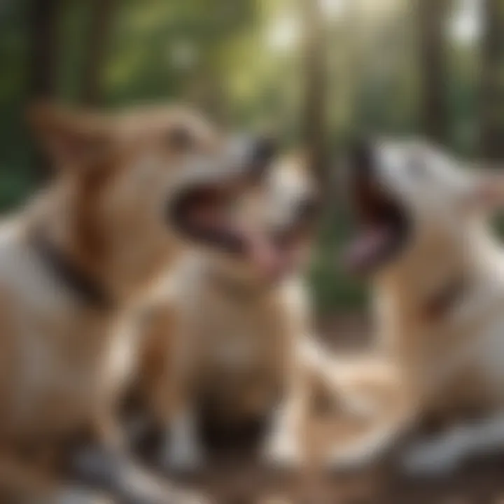 Two dogs interacting, one yawning while the other observes
