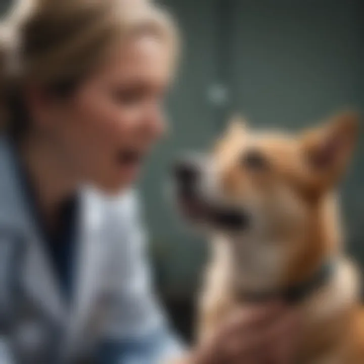 A veterinarian examining a yawning dog during a check-up