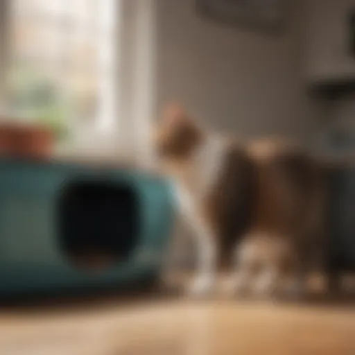 A cat looking curiously at a litter box