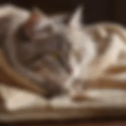 A close-up of a cat kneading a soft blanket, showcasing its paws in motion.