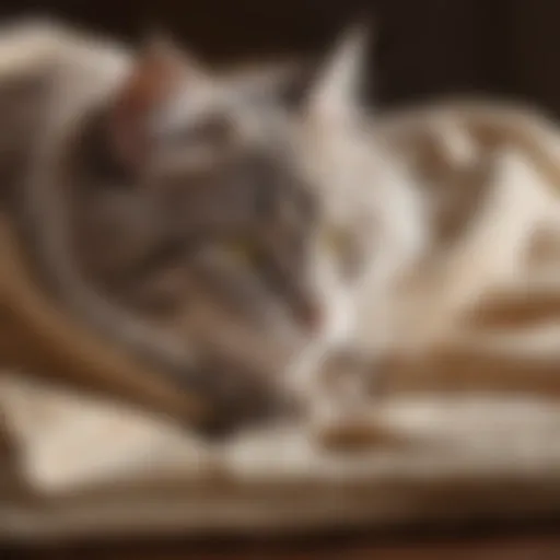 A close-up of a cat kneading a soft blanket, showcasing its paws in motion.