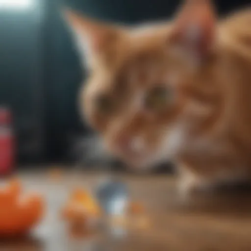 A cat curiously examining a piece of plastic.