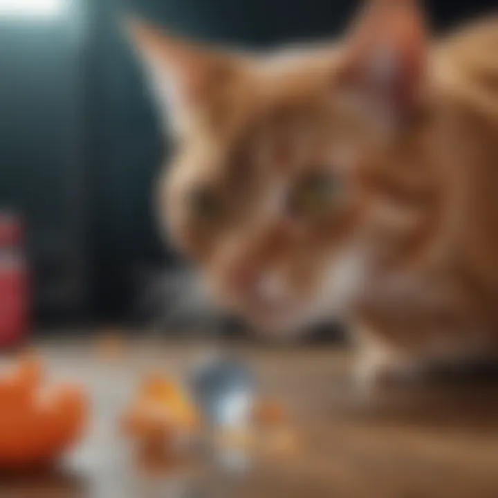 A cat curiously examining a piece of plastic.