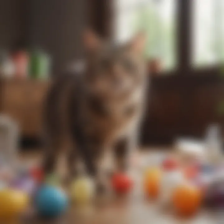 A playful cat surrounded by various plastic items, displaying its playful nature.