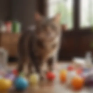 Playful Cat with Plastic A playful cat surrounded by various plastic items, displaying its playful nature.