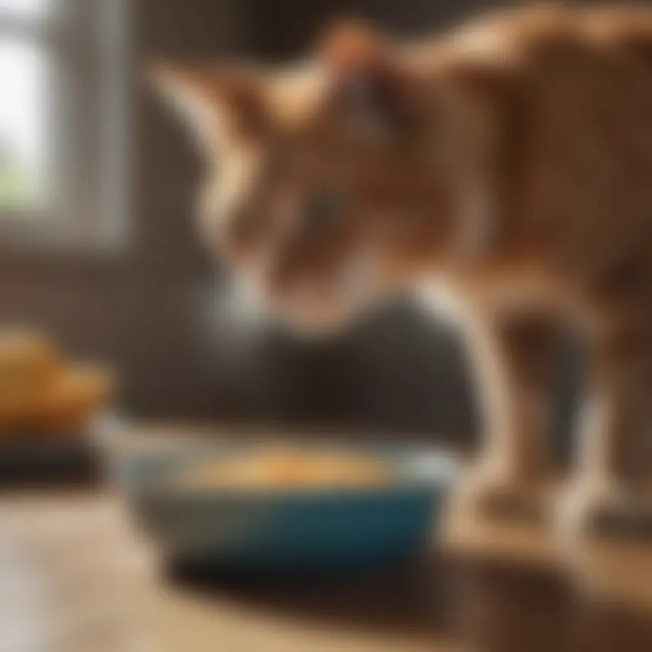 A cat looking at its food bowl with curiosity