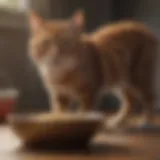 A curious cat staring at a bowl of food