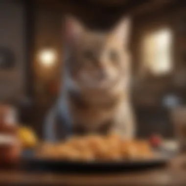 A cat with a playful demeanor around food