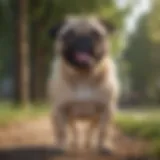 A playful female pug with a joyful expression outdoors