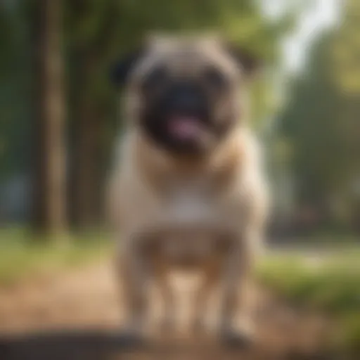 A playful female pug with a joyful expression outdoors