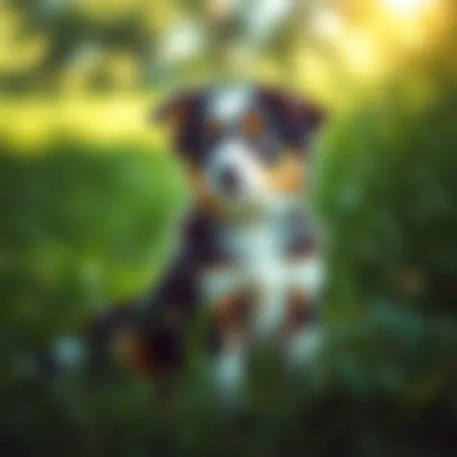 Australian Shepherd puppy in a lush green setting