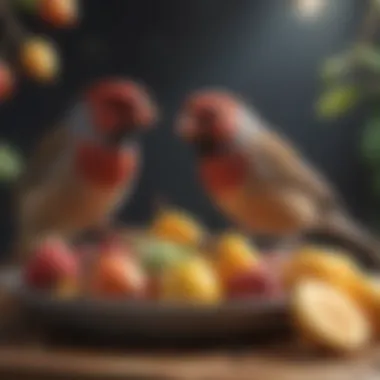 Finches Enjoying Fresh Fruits Finches feeding on fresh fruits