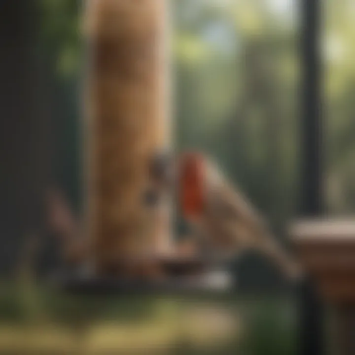A finch perched near a feeder filled with different food options