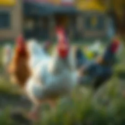 Free range chickens grazing in the open field