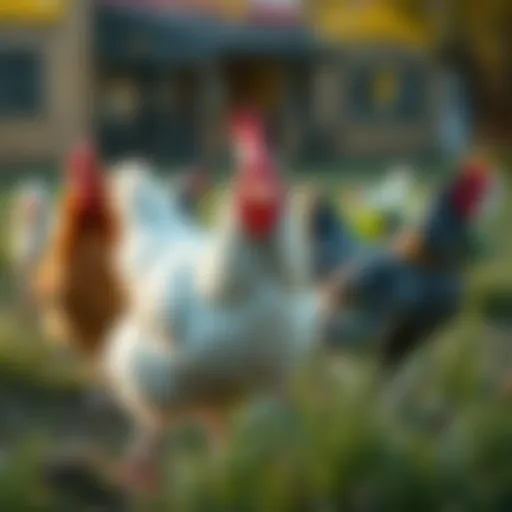 Free range chickens grazing in the open field