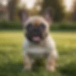 A joyful French Bulldog puppy playing in a grassy field.