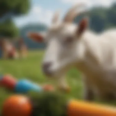 Colorful goat play equipment in a vibrant pasture