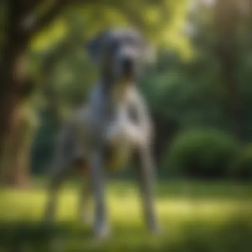 An elegant Great Dane standing majestically in a lush green park.