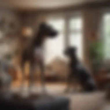 A Great Dane happily interacting with its owner in a cozy living room.