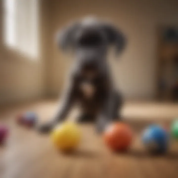 A Great Dane puppy playing with toys, embodying the breed's playful spirit.