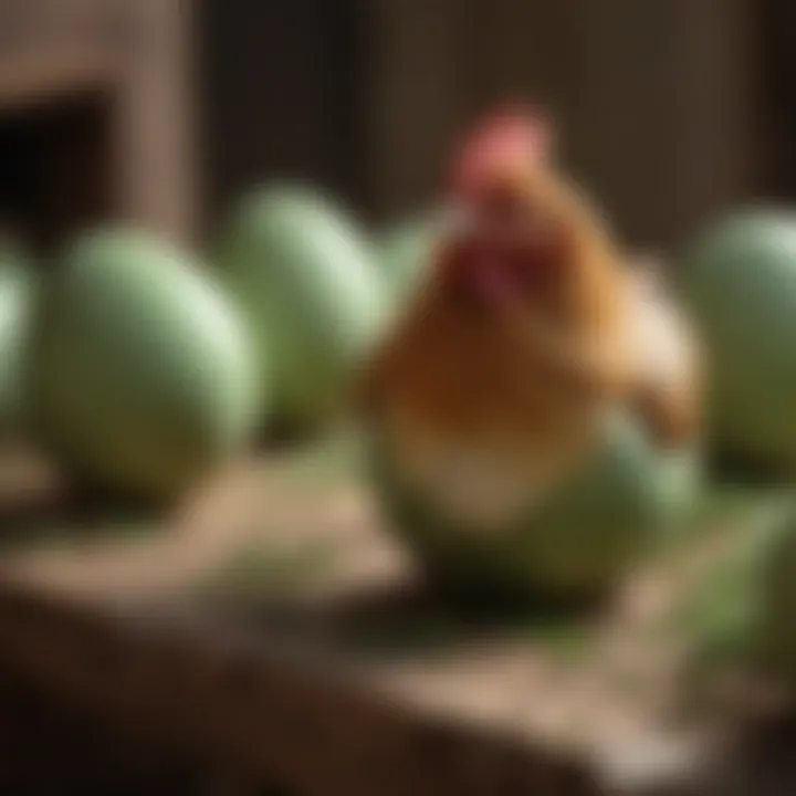 A diverse range of green egg laying chicken breeds in a natural setting.