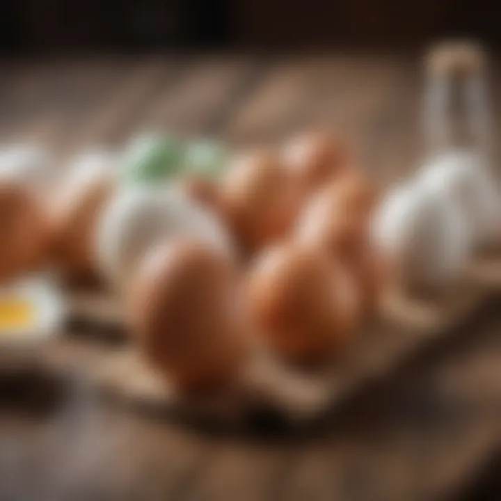 Comparative view of green, brown, and white eggs on a rustic table.