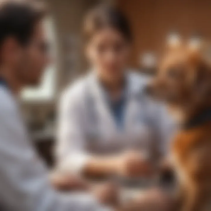 A pet owner discussing care options with a veterinarian in a high-stress environment.