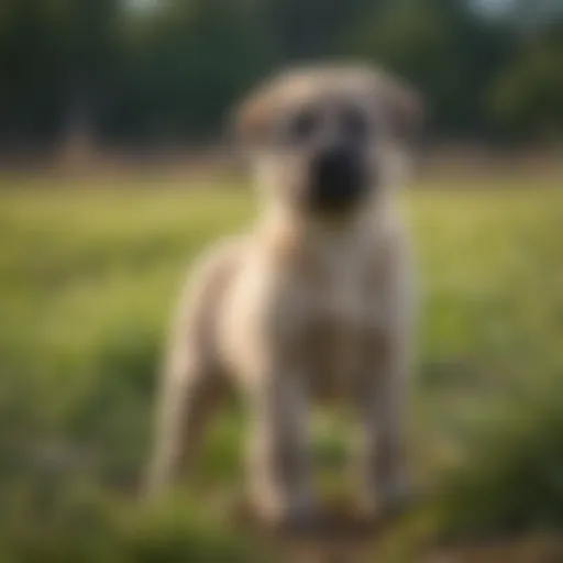 A majestic Kangal pup standing in a green field, showcasing its impressive size and posture.