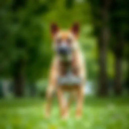 A large short-haired dog standing proudly in a lush green park