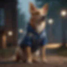 A dog wearing a lightning jacket in a calm setting.