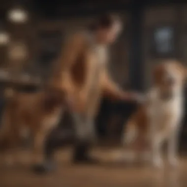 A dog trainer working with a dog using a barking management device