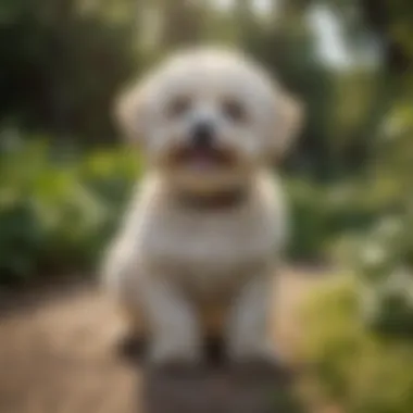 A playful Maltipoo in a lush garden