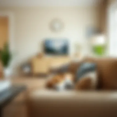 Cozy Living Room with Dog A cozy living room with a dog peacefully resting on the couch